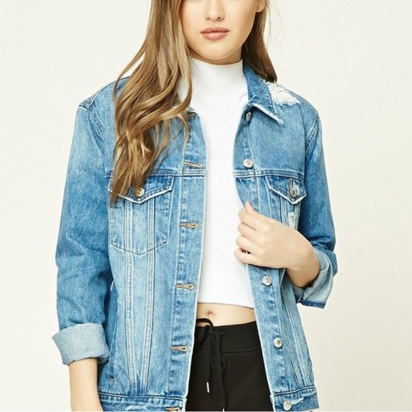 Forever 21 J’adore Le Rock N’ Roll Distressed Blue Denim Jean Jacket Small - Picture 4 of 13